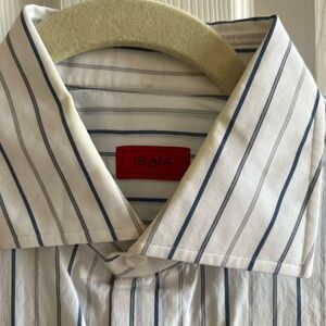 Isaia Men's White and Blue Striped Dress Shirt